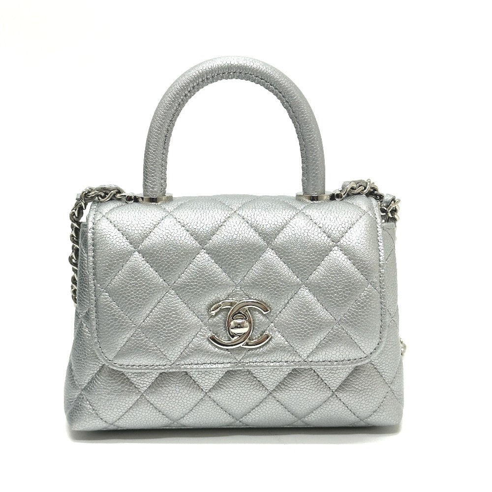 シャネル CHANEL ココハンドル マトラッセ カバン エクストラミニ 2WAY ハンドバッグ キャビアスキン シルバー 未使用