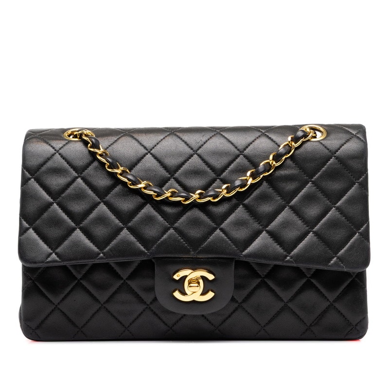 シャネル マトラッセ25 ココマーク ダブルフラップ ショルダーバッグ ブラック ゴールド金具 ラムスキン レディース CHANEL 中古
