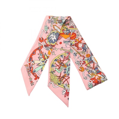 エルメス HERMES ツイリー LA FOLLE PARADE リボン スカーフ 衣料品 シルク シルク ピンク レディース ピンク系 / マルチカラー 【中古】