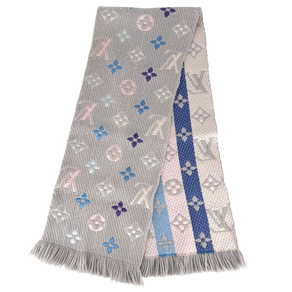 LOUIS VUITTON ルイヴィトン マフラー エシャルプ ロゴマニア レインボー LVロゴ M75874 ウール シルク グレー レディース【中古品】