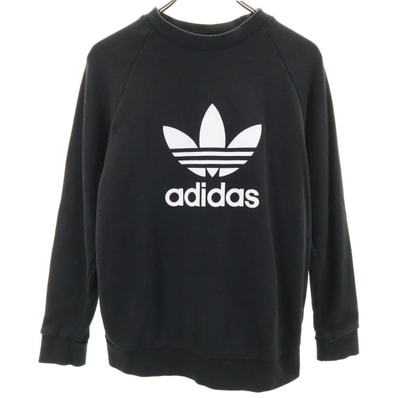 adidas アディダス トレフォイルロゴプリント 長袖 スウェット トレーナー S ブラック