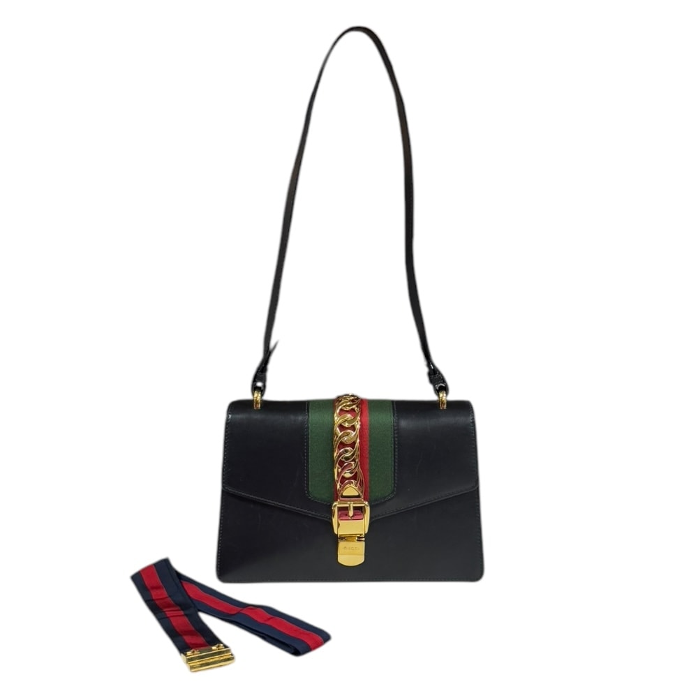 グッチ シルヴィ ショルダーバッグ レザー 4211882 ブラック レディース GUCCI  中古