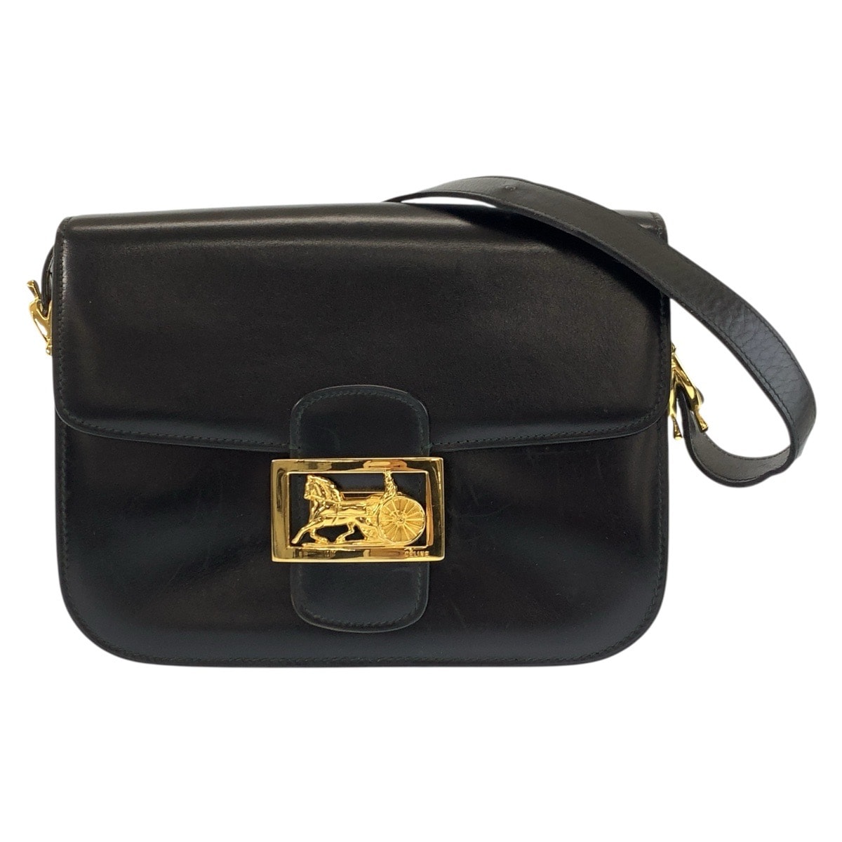 CELINE セリーヌ ヴィンテージ 馬車金具 ブラック 黒 ゴールド金具 レザー ショルダーバッグ ハンドバッグ 602476 【中古】