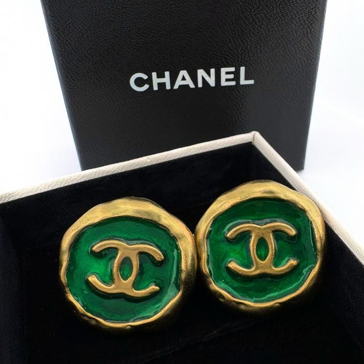 シャネル 95P グリポア ココマーク イヤリング グリーン ゴールドカラー ヴィンテージ CHANEL 正規品【鑑定済み】