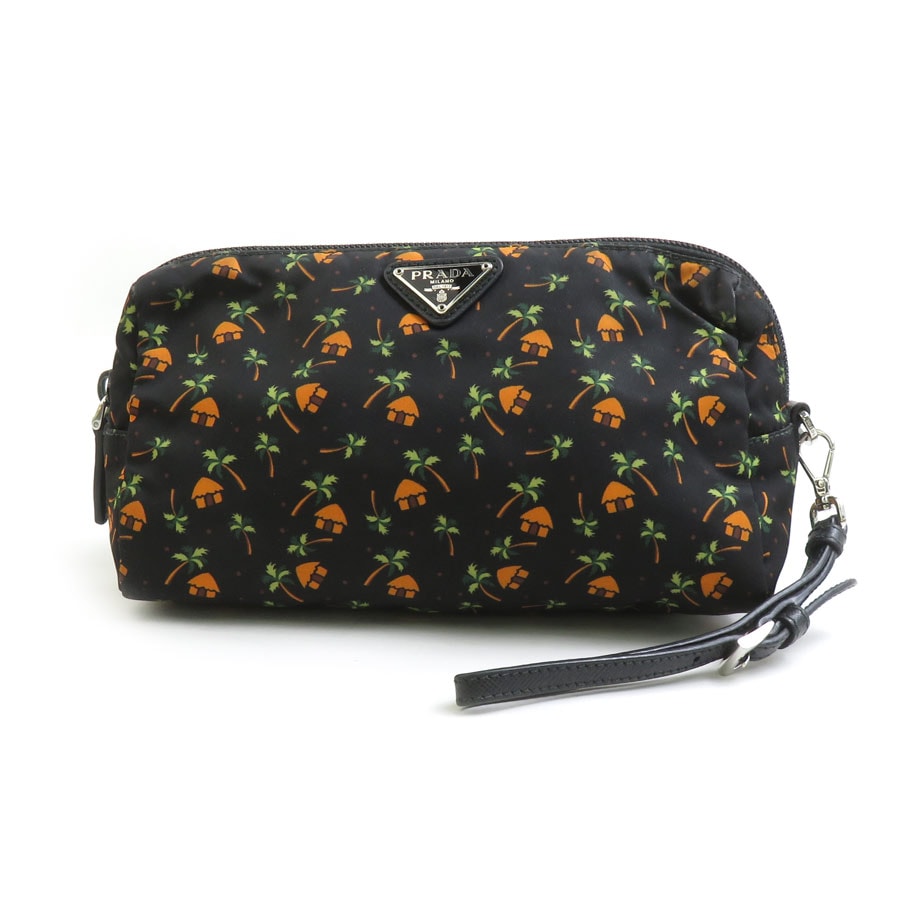 プラダ PRADA ポーチ ナイロン ブラック×オレンジ×グリーン レディース 1NE693【中古】 h31250a