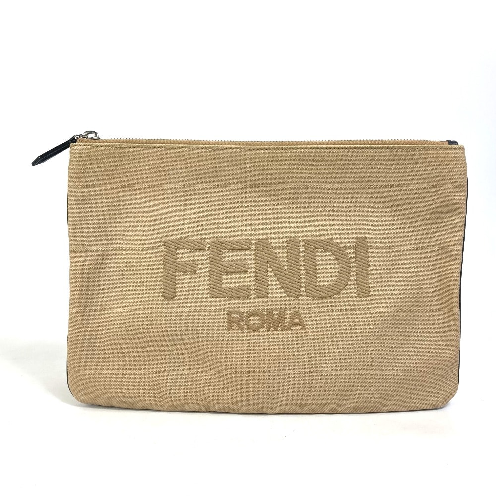 フェンディ FENDI ロゴ ポーチ カバン クラッチバッグ キャンバス ベージュ