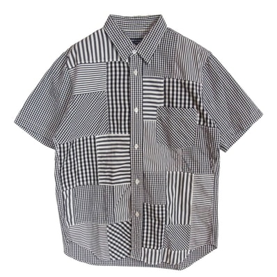 COMME des GARCONS HOMME コムデギャルソンオム 16SS HQ-B038 AD2015 ストライプ チェック パッチワーク 半袖 シャツ ブラック系 M【中古】