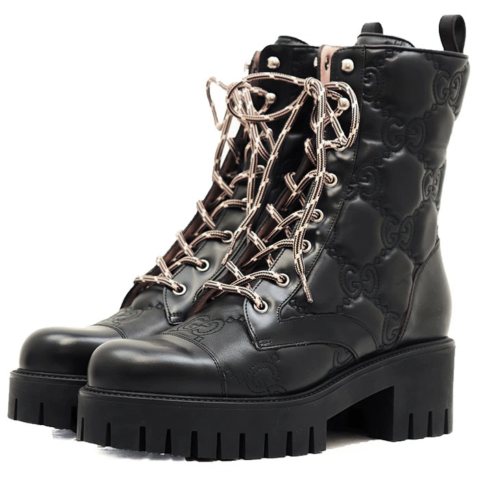 【極美品】GUCCI グッチ ブーツ ショート サイズ 42 メンズ GGスプリーム レザー サイドジップ レースアップ キャップトゥ チャンキーソール 厚底 シューズ 靴 箱/袋/替え紐付属 ブラック 黒 イタリア製