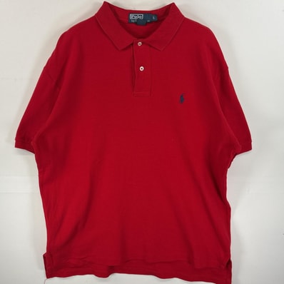 古着 90's/90年代 ポロバイラルフローレン Polo by Ralph Lauren 半袖 ポロシャツ ワンポイント ロゴ 刺繍 2ボタン スリット L レッド 無地 メンズ