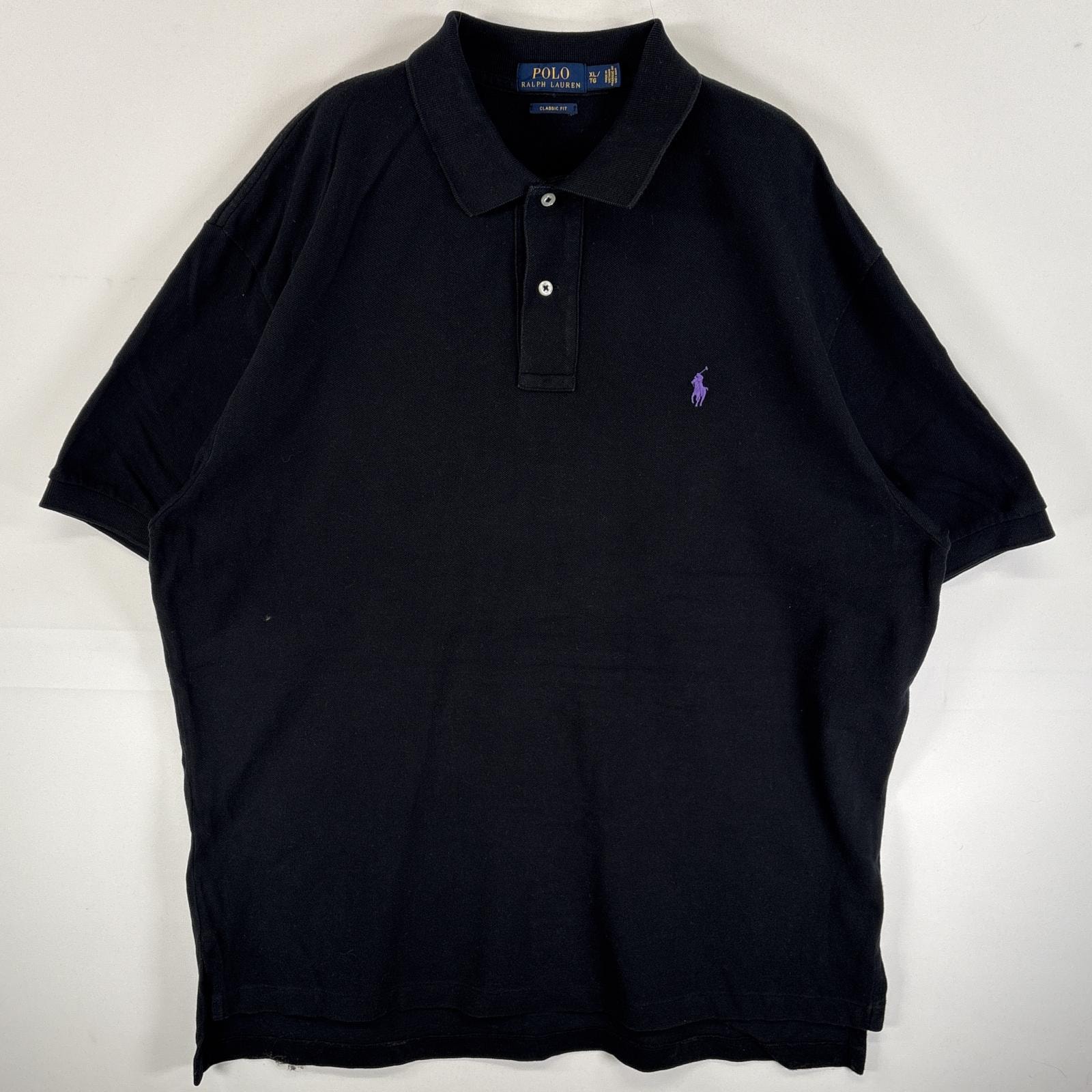 古着 ポロ・ラルフローレン POLO RALPH LAUREN 鹿の子 半袖 ポロシャツ 大きいサイズ 2ボタン ワンポイント ロゴ 刺繍  ブラック 無地 メンズ