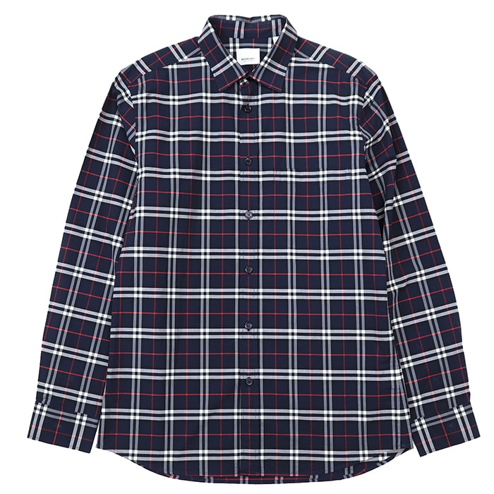 SALE【美品】BURBERRY バーバリー 長袖シャツ サイズ M メンズ ノバチェック リカルドティッシ期 シグネチャー ロゴ ボタン コットン混 トップス ネイビー 紺 タイ製