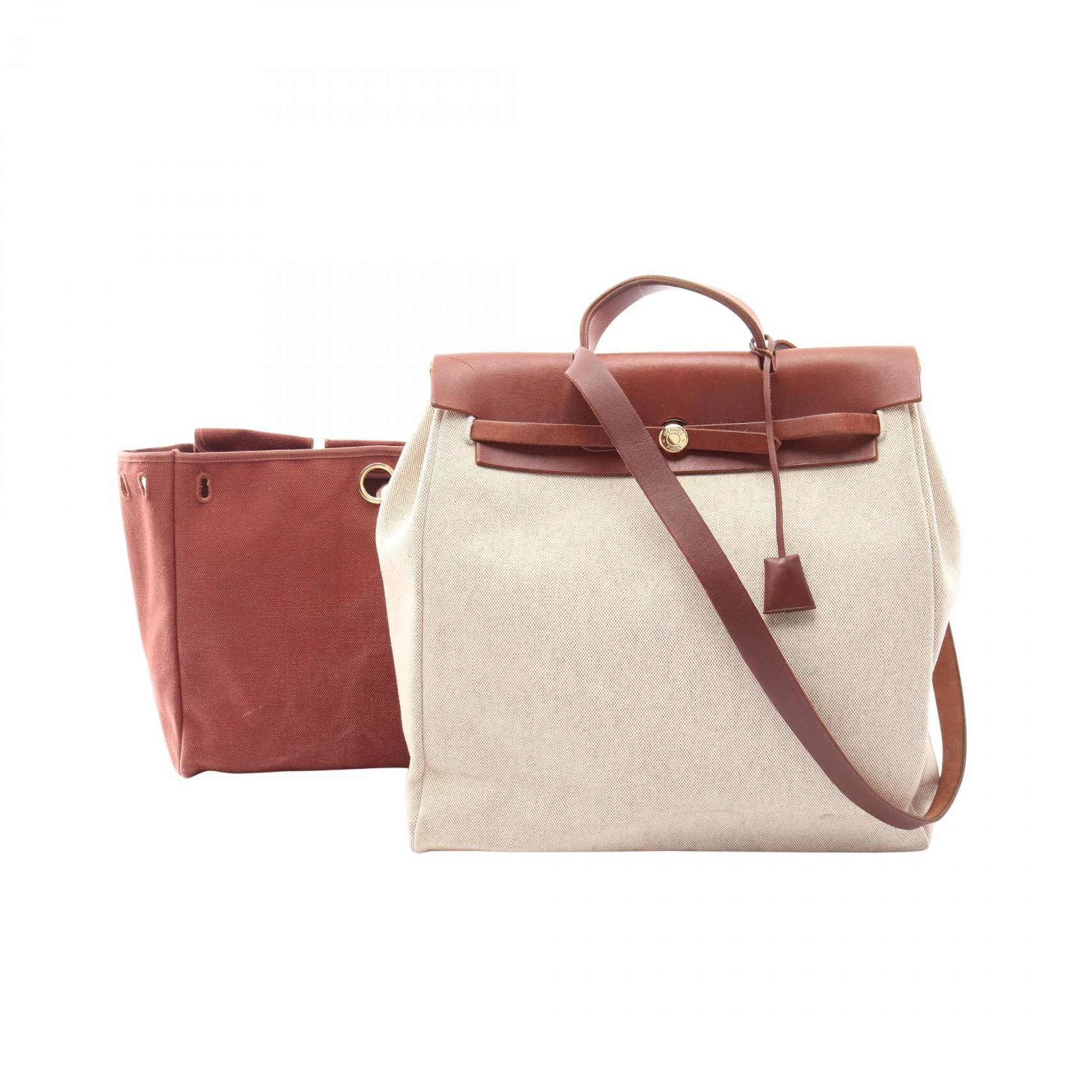 エルメス HERMES エールバッグMM エクリュ ルージュアッシュ 2WAY ハンドバッグ バッグ ヴァッシュハンター / トワルアッシュ ヴァッシュハンター □F刻印(2002年製造) レディース アイボリー系 / ボルドー系 【中古】