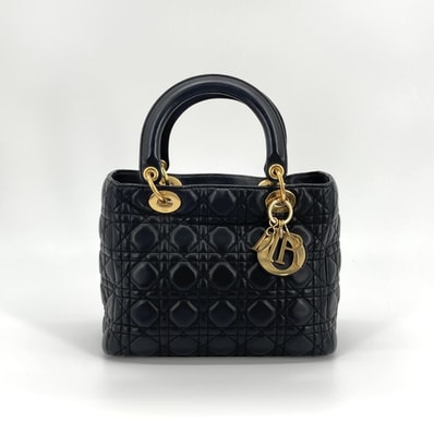 Christian Dior(クリスチャンディオール) レディ ディオール カナージュ ゴールドチャーム 2way ハンドバッグ ブラック×レッド