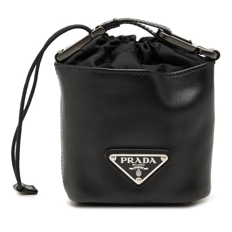 プラダ 三角ロゴプレート ポーチ 巾着バッグ 2TL386 ブラック レザー ナイロン レディース PRADA 中古