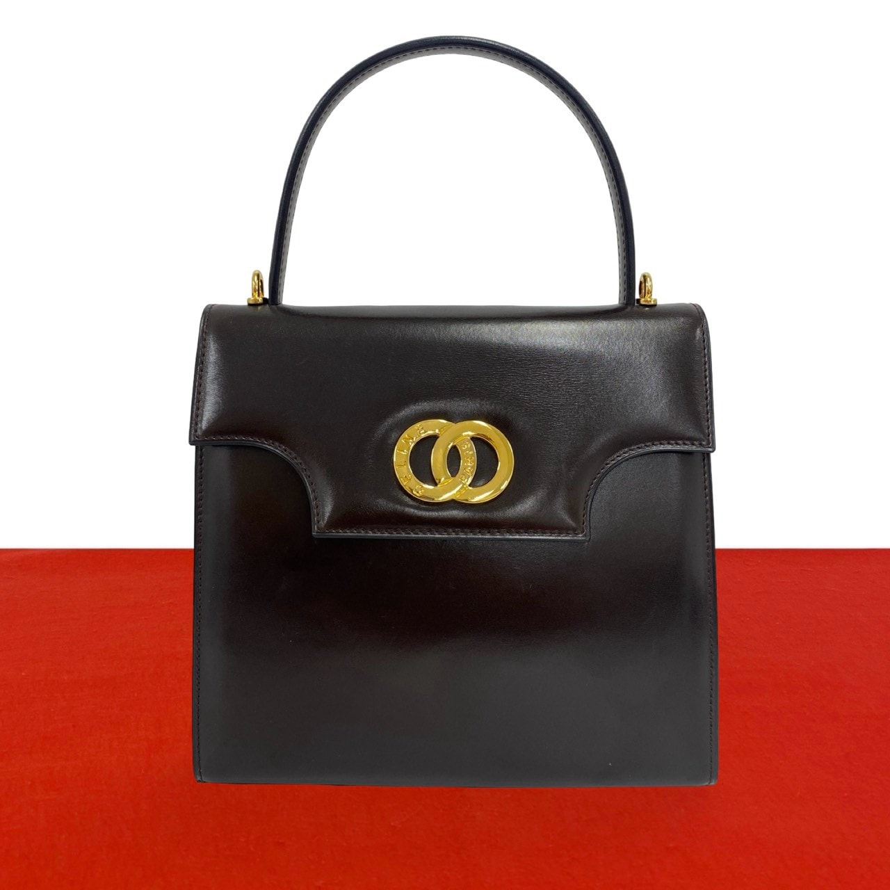 CELINE セリーヌ サークルロゴ 金具 レザー ハンドバッグ ブラウン
 33566