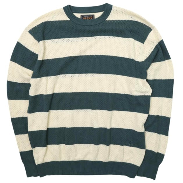 BEAMS PLUS ビームスプラス 26SS Crew Rugger Stripe ホリゾンタルストライプ メッシュクルーネックニット 38-15-0267-156 L GREEN セーター ボーダー トップス g28418