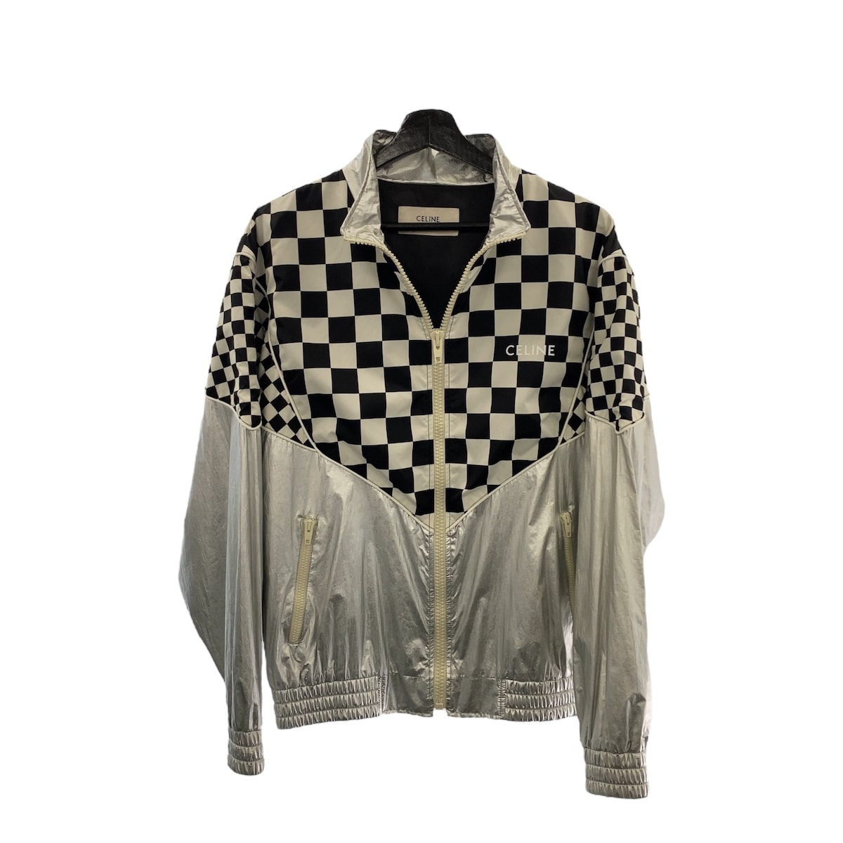 美品 CELINE セリーヌ ルーズチェッカーボードブールブルゾン サイズ46 シルバー ブラック ホワイト ナイロン ポリエステル/ レーヨン/ ナイロンジャケット アウター 506200 【中古】