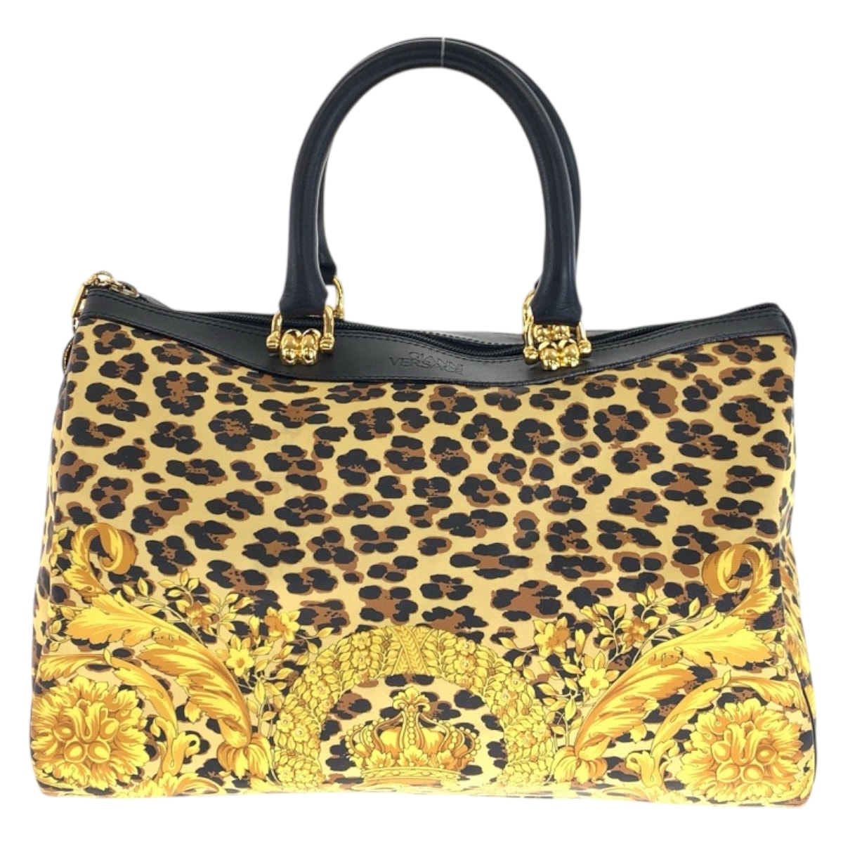 美品 VERSACE ヴェルサーチ ヴィンテージ レオパード イエロー ブラック ゴールド金具 PVC レザー/ ハンドバッグ ミニボストンバッグ 600019 【中古】