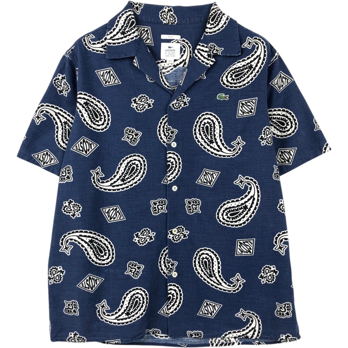 古着 ラコステ LACOSTE LIVE 総柄 ペイズリー柄 半袖 オープンカラー コットン×ビスコースシャツ ボックスシャツ メンズM相当/eaa657989