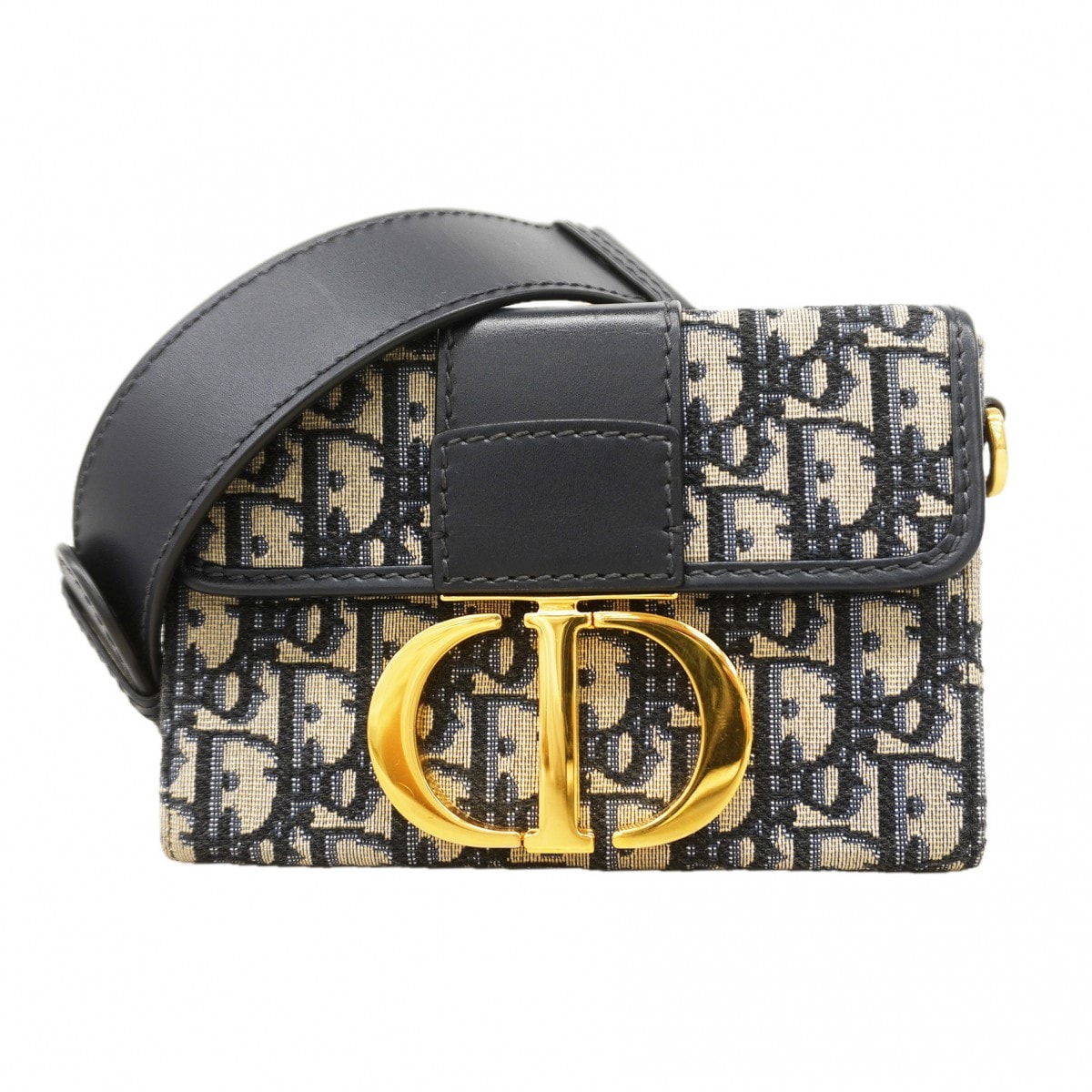 【6db1326】クリスチャンディオール ショルダーバッグ オブリーク モンテーニュ キャンバス ネイビー ゴールド金具【中古】レディース