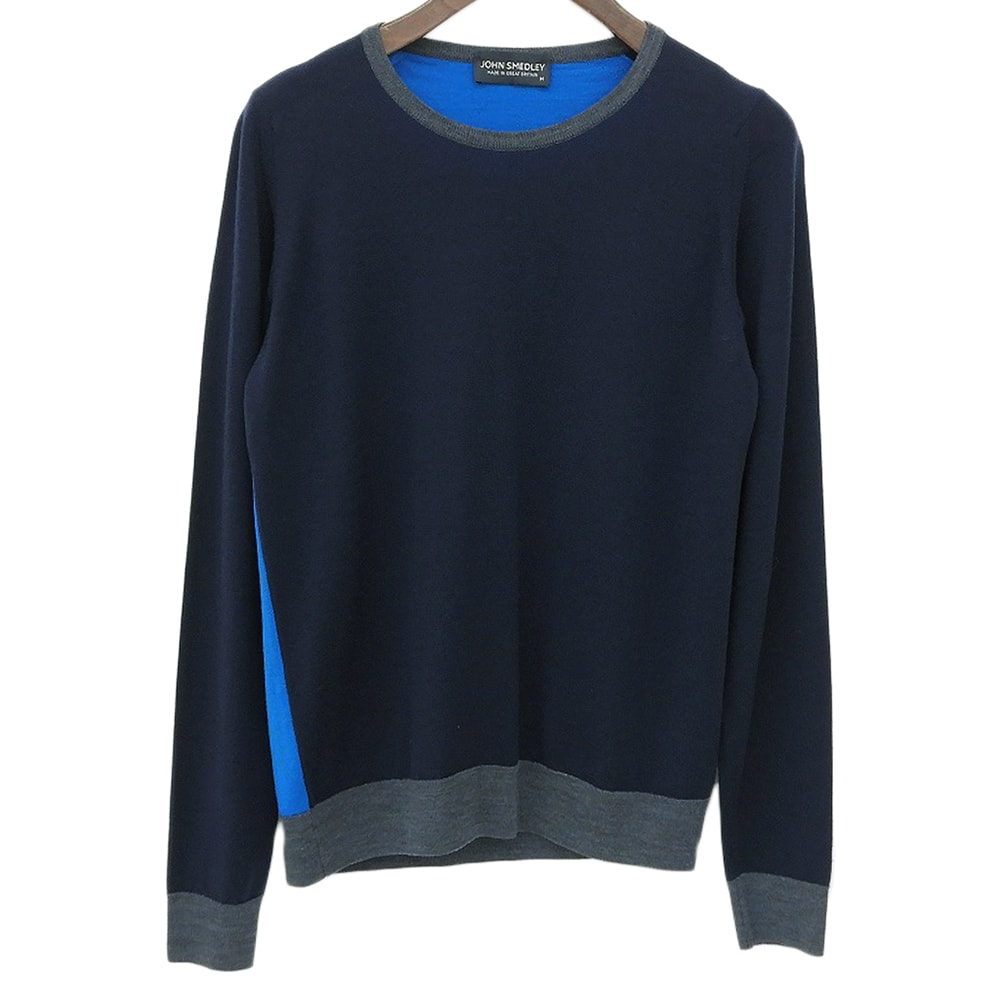 ジョンスメドレー ウール100 クルーネック ロングスリーブニット トップス レディース ネイビー×ブルー M M