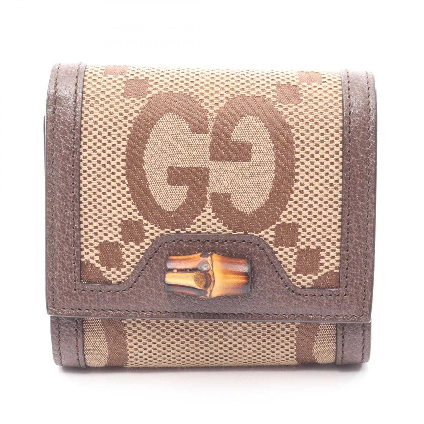 グッチ GUCCI バンブー ジャンボGG 二つ折り財布 財布 キャンバス レザー レディース ベージュ系 / ブラウン系 658635 【中古】