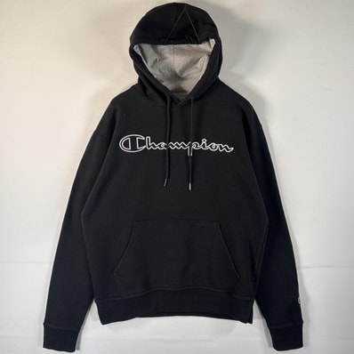 古着 チャンピオン Champion パーカー ビッグロゴワッペン フーディ プルオーバー マフポケット M ブラック メンズ