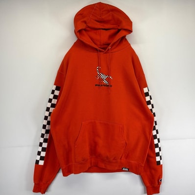 古着 チャンピオン Champion パーカー スウェット プルオーバー プリント チェッカーボード柄 フーディ L オレンジ メンズ
