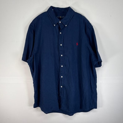 古着 ラルフローレン RALPH LAUREN 半袖シャツ ロゴ 刺繍 大きいサイズ リネン 14041 ネイビー系 無地 メンズ