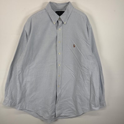 古着 ラルフローレン RALPH LAUREN 長袖シャツ ボタンダウンシャツ ワンポイント ロゴ 刺繍 大きいサイズ 54846 ブルー系 ストライプ メンズ