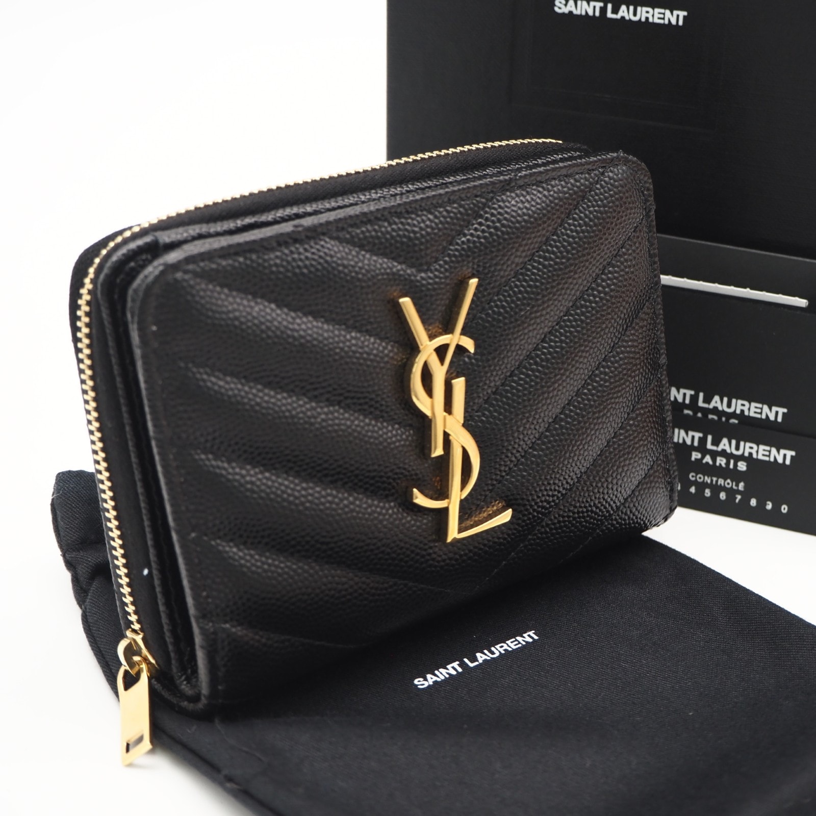 極美品 SAINT LAURENT サンローラン YSLロゴ Vステッチ コンパクトウォレット 403723 二つ折り財布 ブラック ゴールド カーフレザー レディース