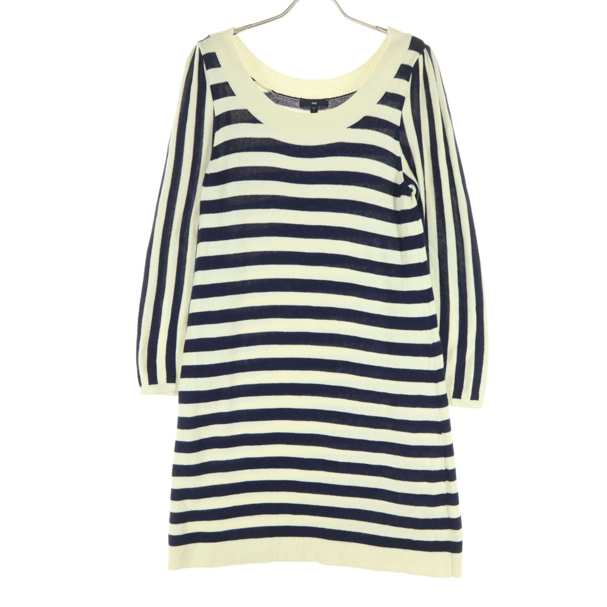 GAP ギャップ バイカラー ボーダー柄 長袖 ボートネック ニット 膝丈ワンピース L オフホワイト系