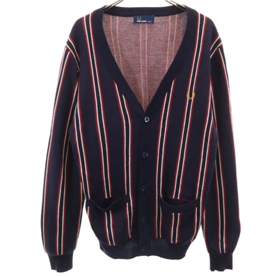 FRED PERRY フレッドペリー ストライプ 長袖 Vネック カーディガン S ネイビー系