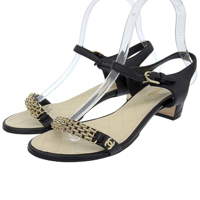 シャネル G金具 パールココマーク チェーンデザイン バックストラップヒールサンダル レディース ブラック×ベージュ 36 G31705 36