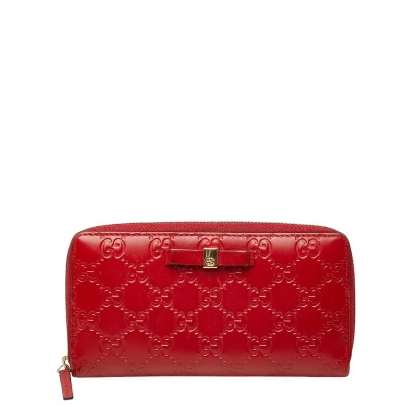 グッチ グッチシマ リボン モチーフ ラウンドファスナー 長財布 ウォレット 388680 レッド レザー レディース GUCCI 中古