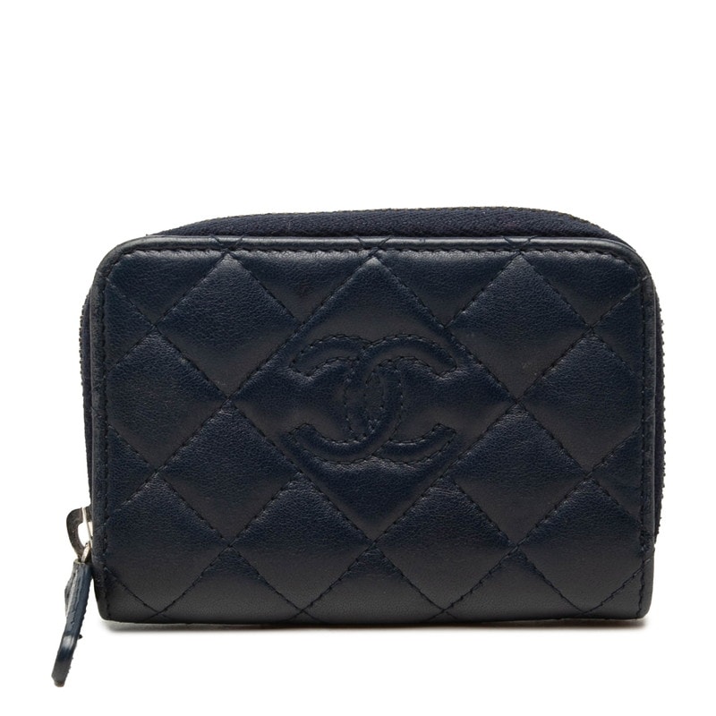 シャネル ココマーク マトラッセ コインケース 小銭入れ A69271 ネイビー シルバー ラムスキン レディース CHANEL 中古