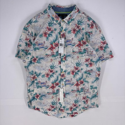 古着 美品 トミーヒルフィガー TOMMY HILFIGER 半袖シャツ アロハシャツ 新品タグ ショートスリーブ XL ホワイト系 総柄 メンズ