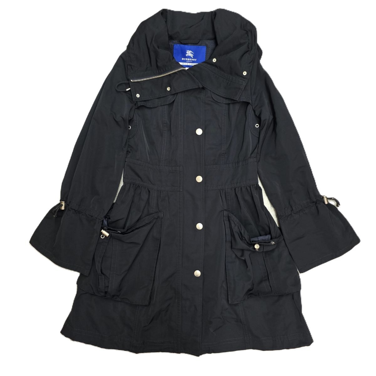 BURBERRY BLUE LABEL バーバリーブルーレーベル ナイロンコート フレア ギャザー ドローストリング トレンチコート E1A33-758-29 38 ポリエステル ブラック  レディース【中古】