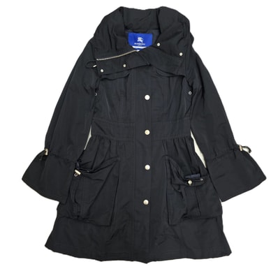 BURBERRY BLUE LABEL バーバリーブルーレーベル ナイロンコート フレア ギャザー ドローストリング トレンチコート E1A33-758-29 38 ポリエステル ブラック レディース【中古】