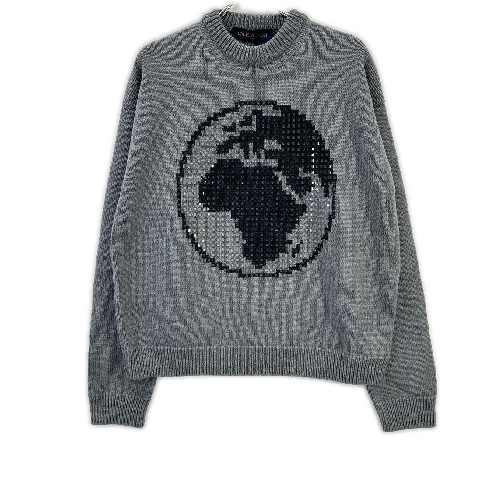 ルイヴィトン RM192 GVH HHN99W 19AW グレー ウール100 Embellished Globe Intarsia グローバルスタッズ バックロゴクルーネックニット M