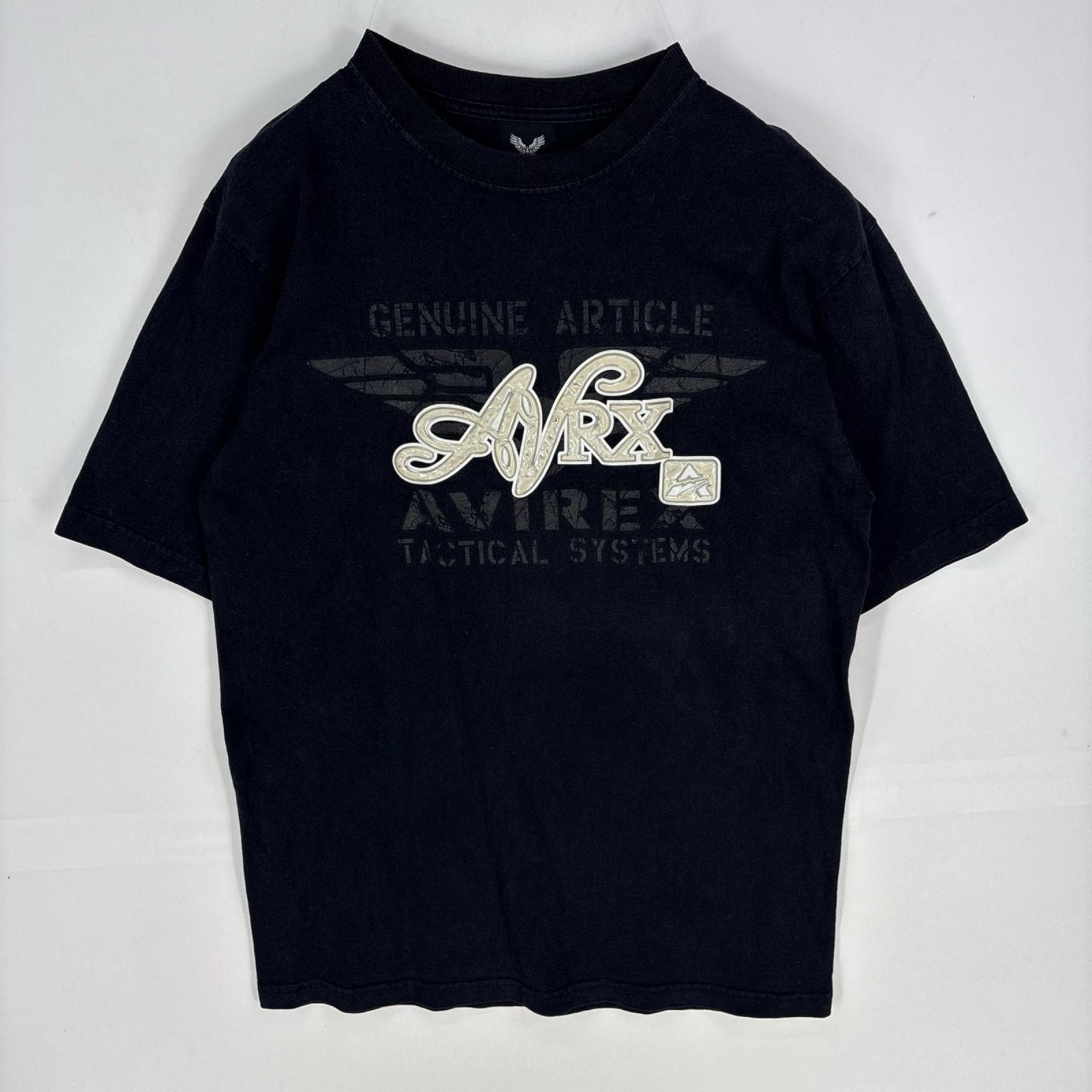 古着 アヴィレックス AVIREX USA製 半袖Tシャツ ロゴプリント ワッペン クルーネック M ブラック系 メンズ