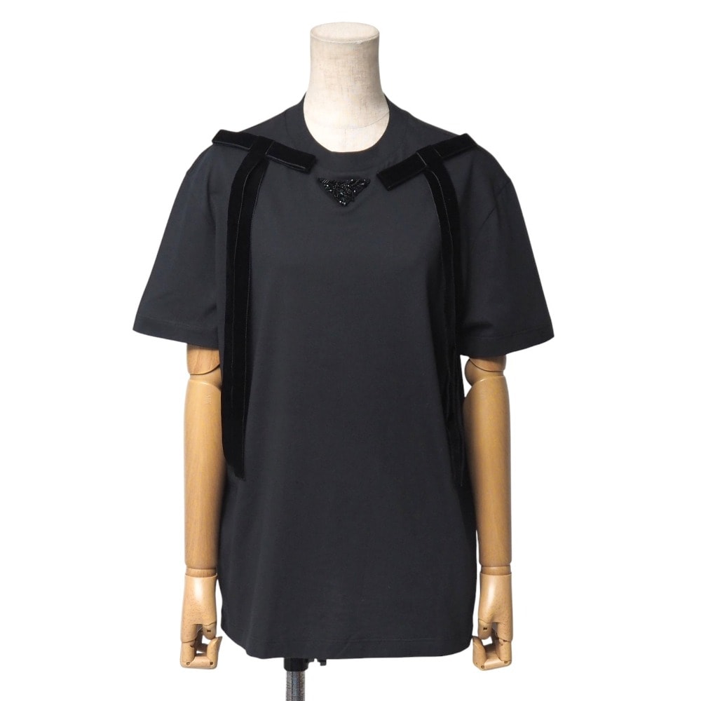 ■美品■2024年製■PRADA プラダ 半袖Tシャツ サイズXS トライアングルロゴ ビーズ装飾 リボン ブランド古着【中古】20251106/RA6563