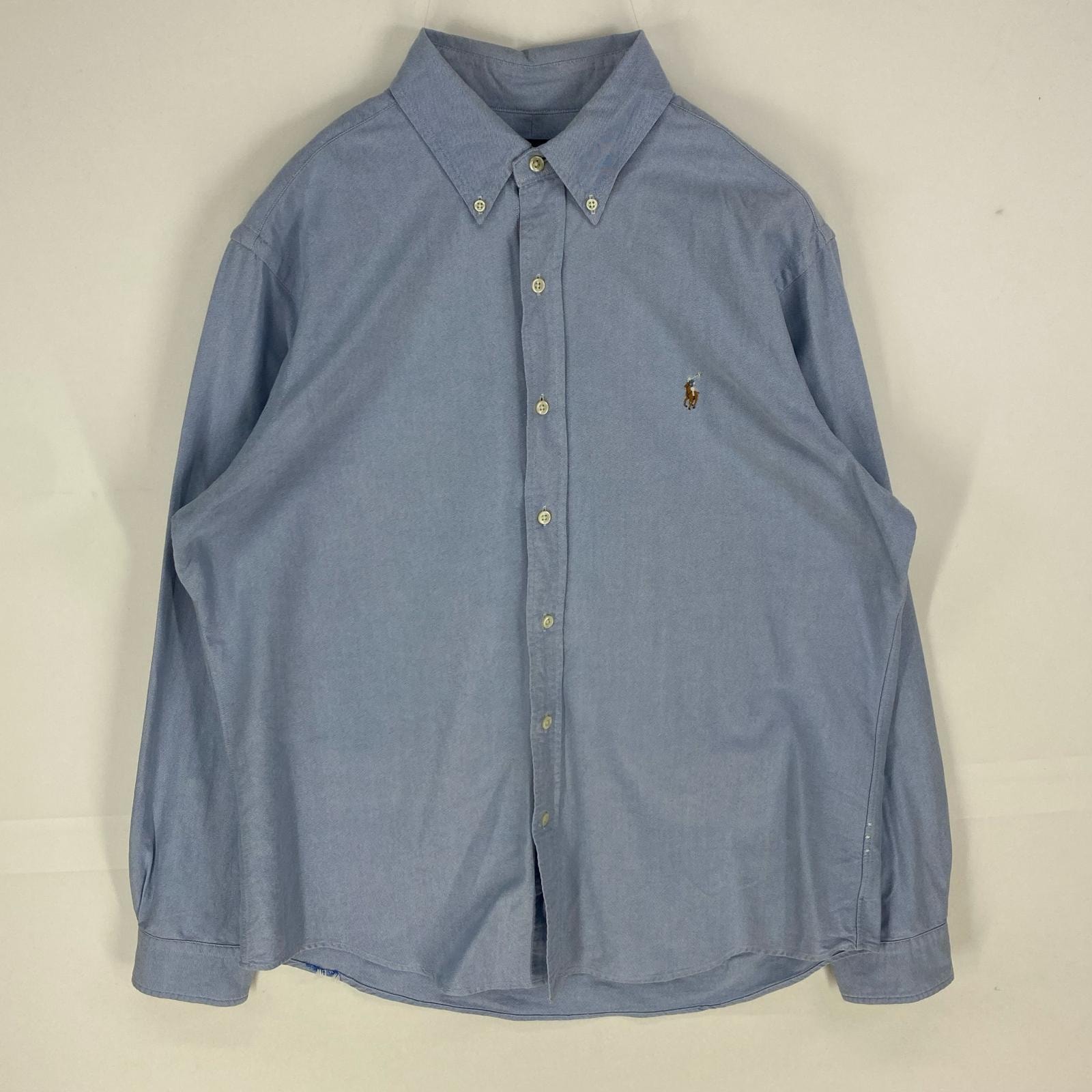 古着 ラルフローレン RALPH LAUREN 長袖シャツ ボタンダウン ワンポイント ロゴ刺繍 ロングスリーブ L  水色系 メンズ