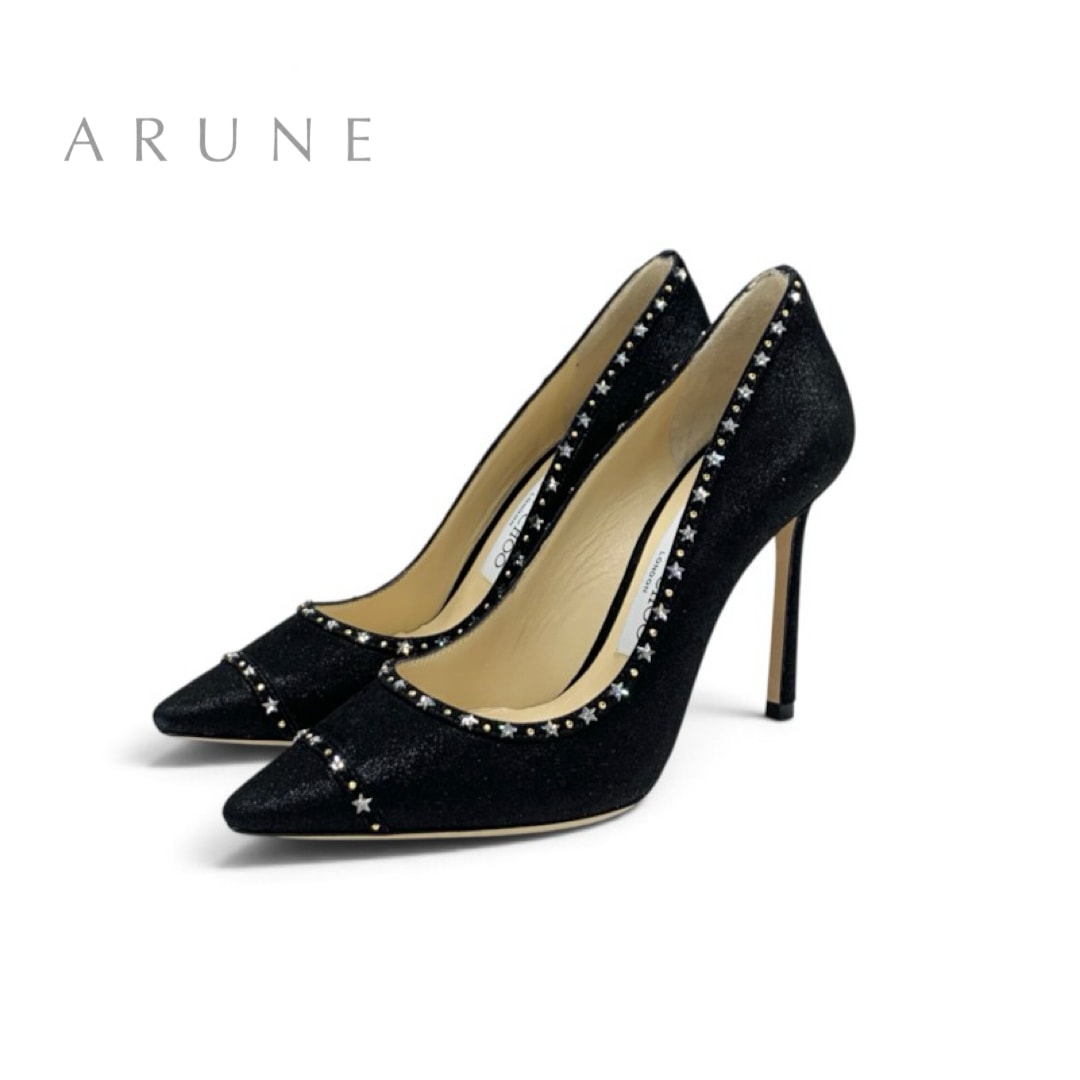 ジミーチュウ JIMMY CHOO ROMY 100 パンプス 靴 シューズ ファブリック ブラック 黒 未使用 ラメ ラインストーン スター パーティーシューズ