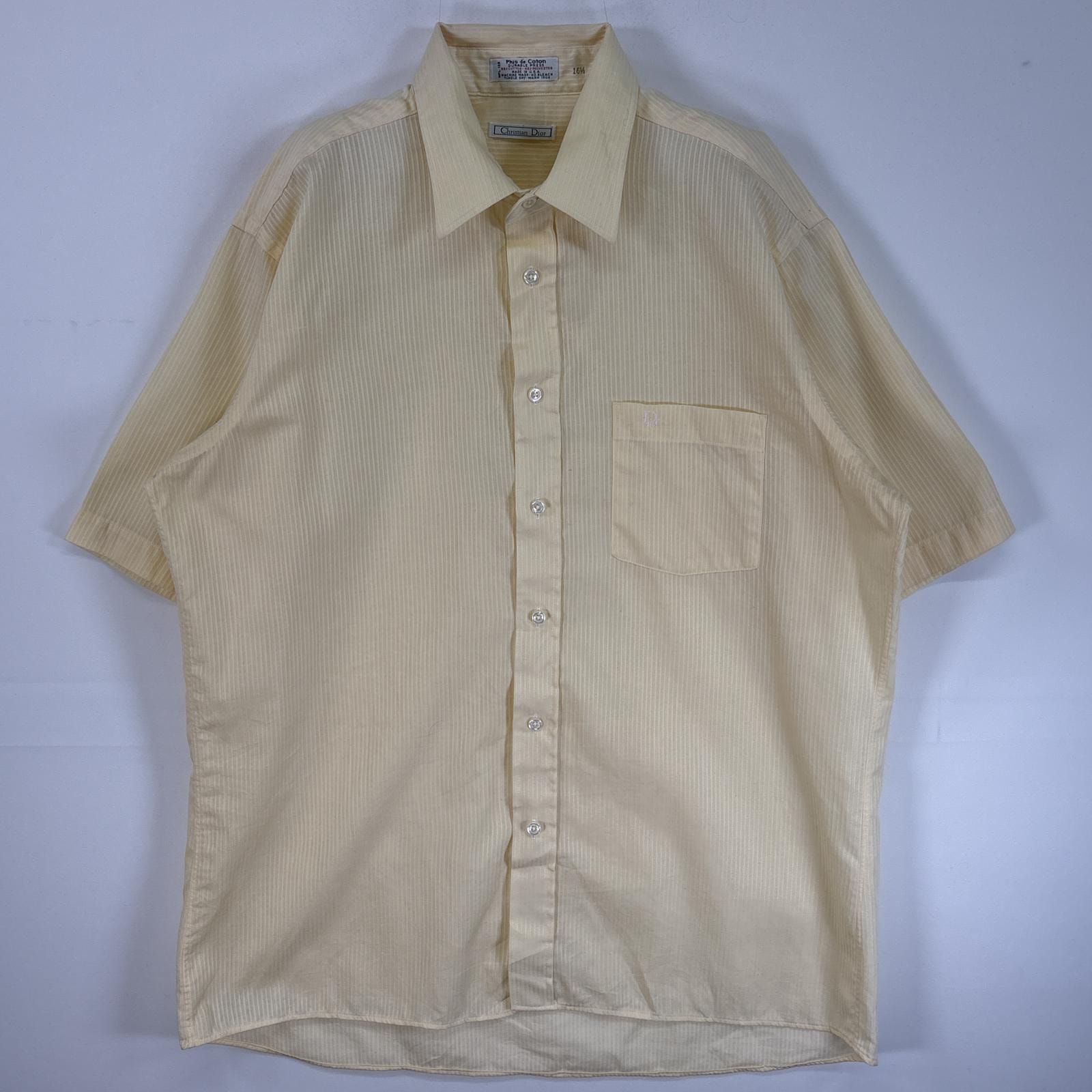 古着 90's/90年代 クリスチャンディオール Christian Dior 半袖シャツ 胸ポケ USA製 16 1/2 L-XL イエロー系 ストライプ メンズ