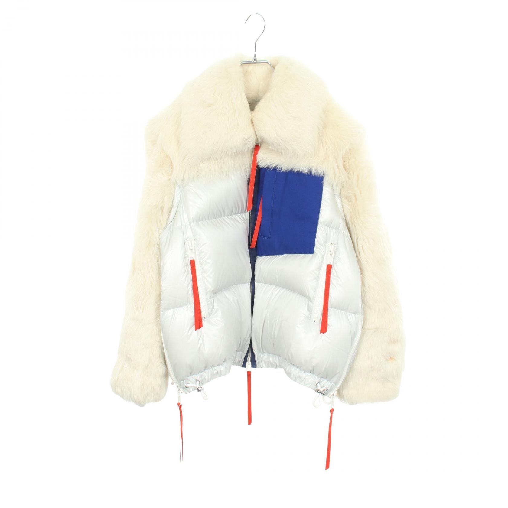 サカイ Sacai ファートリム 切替 ダウンジャケット 衣料品 アウター ナイロン コットン ラムファー レディース ホワイト系 / ブルー系 17-03516 【中古】