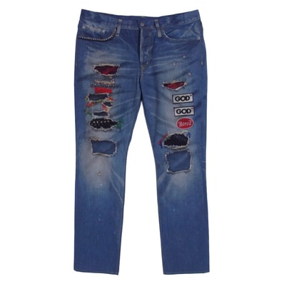 HYSTERIC GLAMOUR ヒステリックグラマー デニムパンツ 02182AP06 GOD PATCH DENIM pt スリムストレート PT 転写 デニム パンツ ブルー系 M【中古】