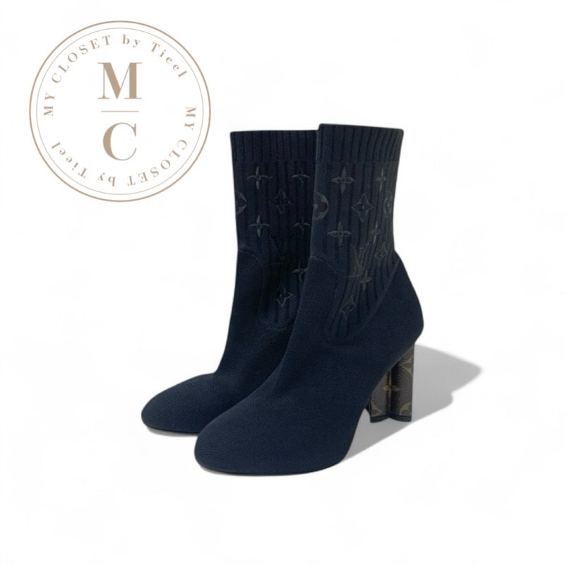 ルイヴィトン LOUIS VUITTON シルエットライン モノグラム ブーツ ショートブーツ 靴 シューズ ファブリック レザー ブラック ブラウン アンクルブーツ ニット ソックスブーツ