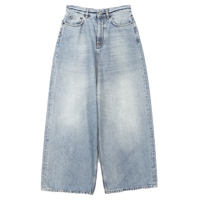 BALENCIAGA バレンシアガ バギー デニムパンツ レディース 24 2021年製 ロゴ ボタン ダメージ加工 JEANS ジーンズ low crotch pants ロークロッチ ワイドシルエット ジップフライ ライトインディゴ 伊製 697886