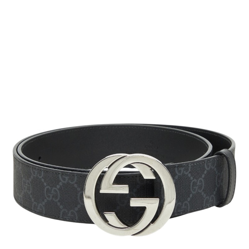 グッチ インターロッキングG GGスプリーム GGロゴ バックルベルト 411924 ブラック シルバー PVC レザー メンズ GUCCI 中古